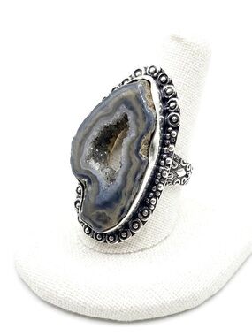 New Artisan Rare Natural Undyed Agate 925 Sterling Silver Oblong Octopus Ring